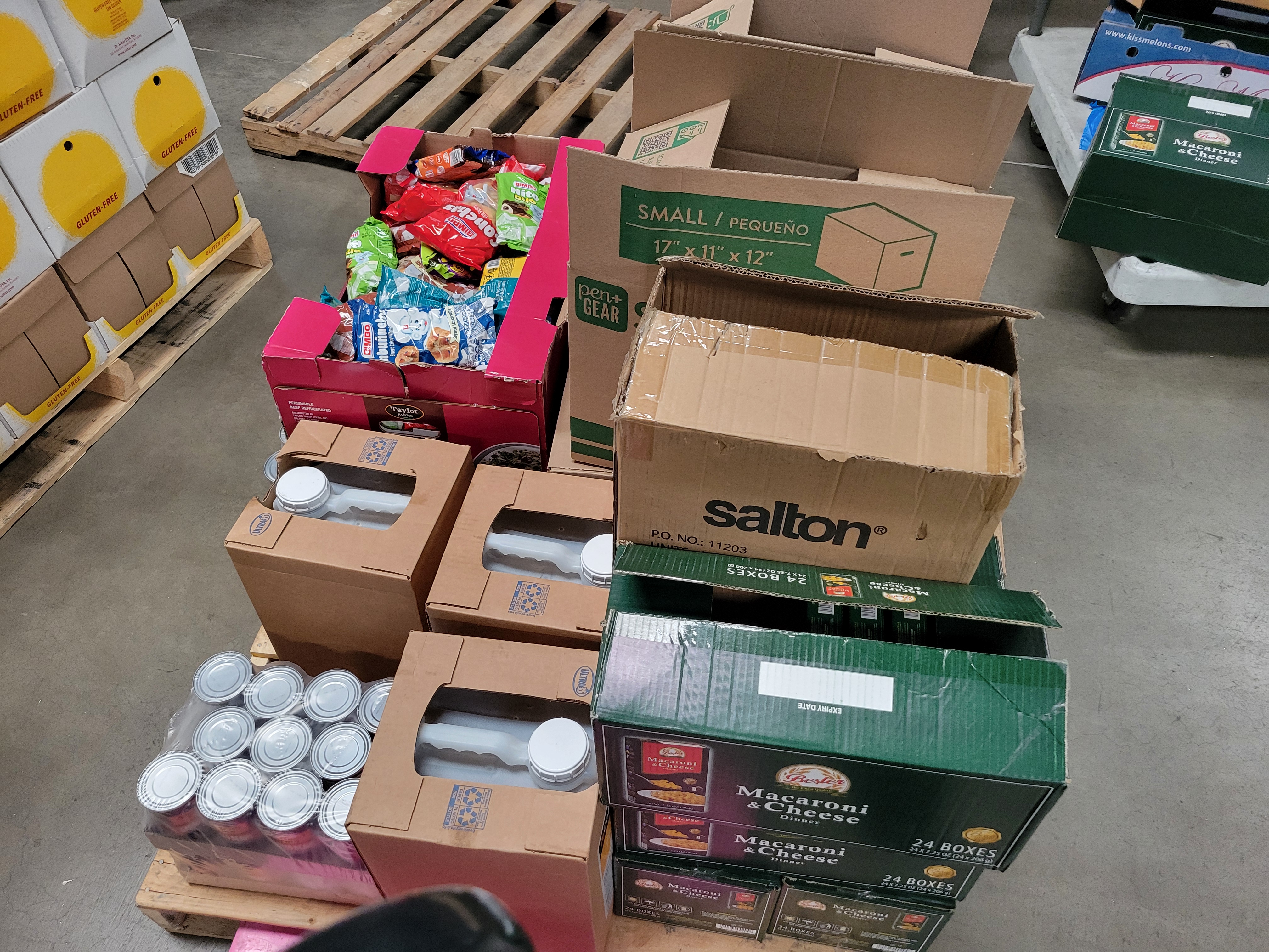Pallet of boxes of dry goods.